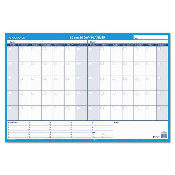 AT-A-GLANCE® 30/60-Day Undated Horizontal Erasable Wall Planner, 36 x 24, White/Blue Sheets, Undated (AAGPM23328)