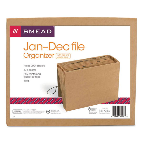Smead™ Indexed Expanding Kraft Files, 12 Sections, Elastic Cord Closure, 1/12-Cut Tabs, Letter Size, Kraft (SMD70186)