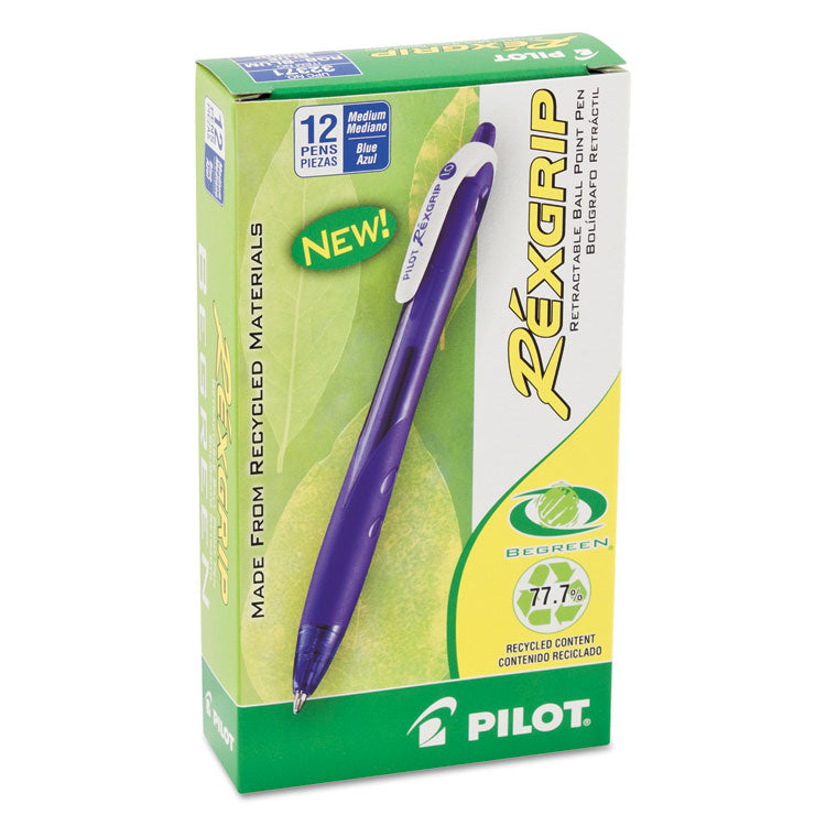 Pilot® RexGrip BeGreen Ballpoint Pen, Retractable, Medium 1 mm, Blue Ink, Translucent Blue Barrel, Dozen (PIL32371)