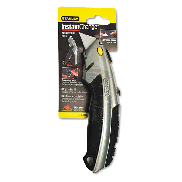 Stanley® Curved Quick-Change Utility Knife, Stainless Steel Retractable Blade, 3 Blades, 6.5" Metal Handle, Black/Chrome (BOS10788) Each