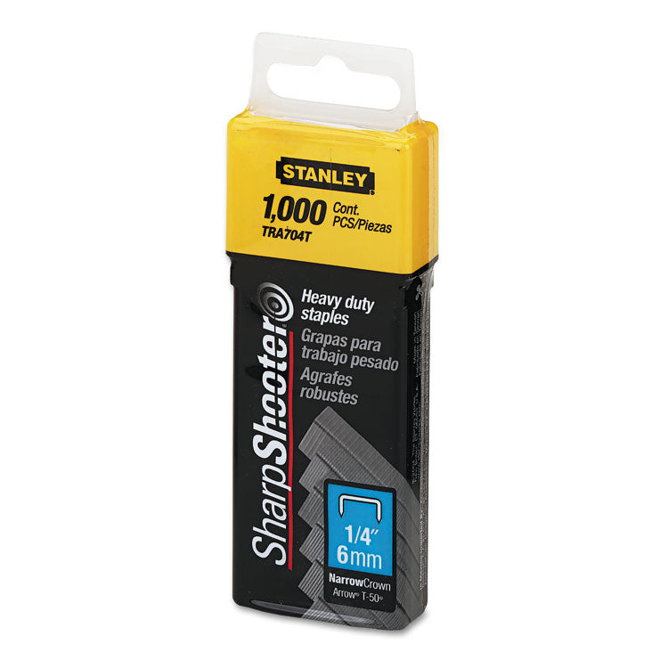 Stanley® SharpShooter Heavy-Duty Tacker Staples, 0.25" Leg, 0.5" Crown, Steel, 1,000/Box (BOSTRA704T) Box of 1000