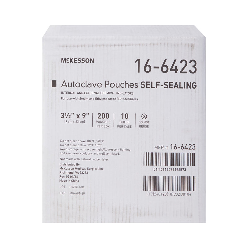 McKesson Sterilization Pouch Ethylene Oxide (EO) Gas / Steam 3-1/2 X 9 Inch Transparent Blue / White Self Seal Paper / Film (960943_BX) 200/BX