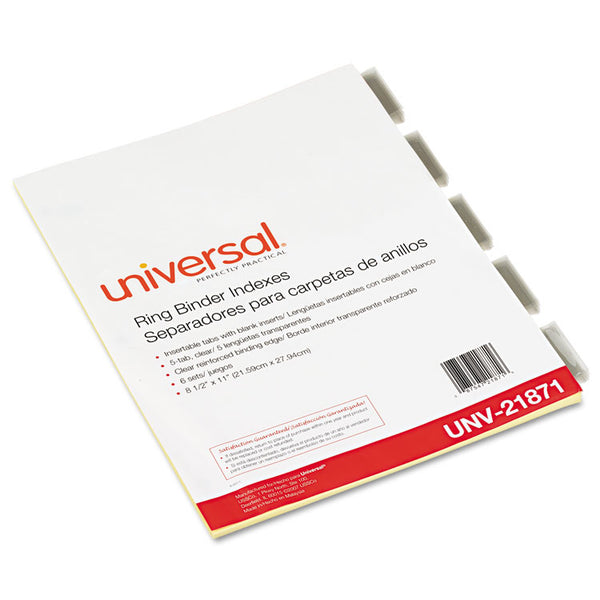 Universal® Insertable Tab Index, 5-Tab, 11 x 8.5, Buff, Clear Tabs, 6 Sets (UNV21871)
