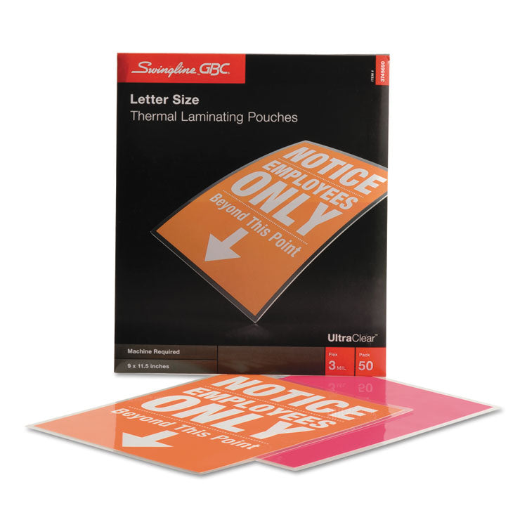 GBC® UltraClear Thermal Laminating Pouches, 3 mil, 9" x 11.5", Gloss Clear, 50/Box (GBC3745690) Box of 50