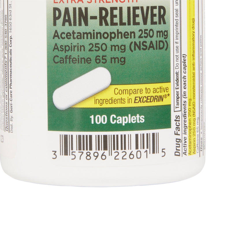 McKesson Brand Pain Relief 250 mg - 250 mg - 65 mg Strength Acetaminophen / Aspirin / Caffeine Caplet 100 per Bottle (868383_BT) 100/BT