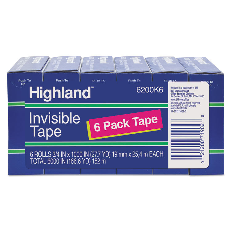 Highland™ Invisible Permanent Mending Tape, 1" Core, 0.75" x 83.33 ft, Clear, 6/Pack (MMM6200K6)
