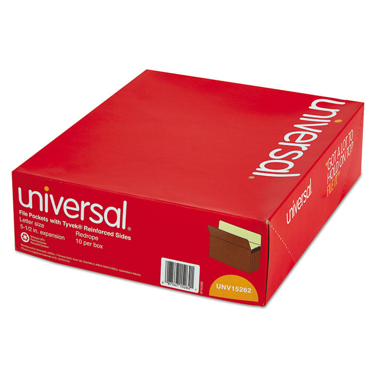 Universal® Redrope Expanding File Pockets, 5.25" Expansion, Letter Size, Redrope, 10/Box (UNV15262)