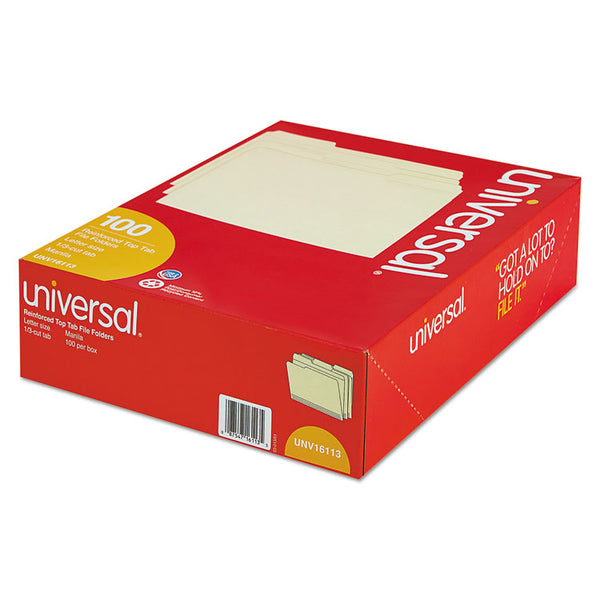 Universal® Double-Ply Top Tab Manila File Folders, 1/3-Cut Tabs: Assorted, Letter Size, 0.75" Expansion, Manila, 100/Box (UNV16113)