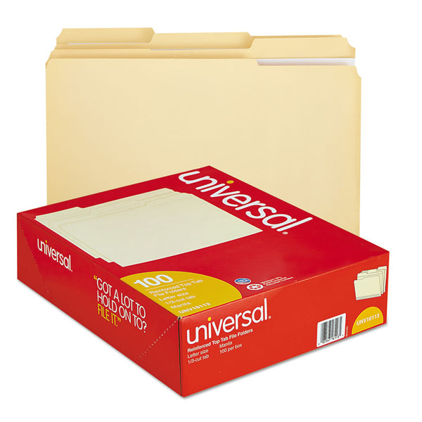 Universal® Double-Ply Top Tab Manila File Folders, 1/3-Cut Tabs: Assorted, Letter Size, 0.75" Expansion, Manila, 100/Box (UNV16113)