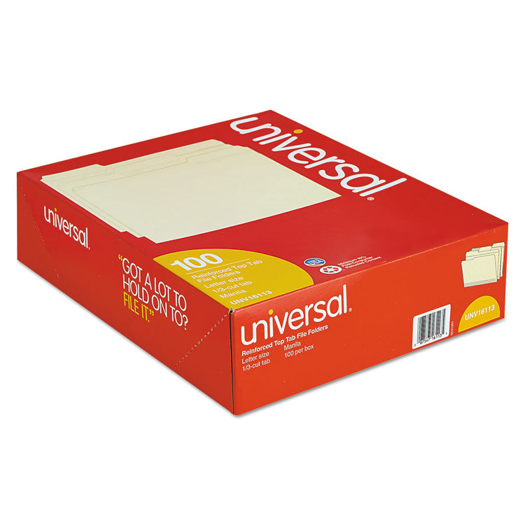 Universal® Double-Ply Top Tab Manila File Folders, 1/3-Cut Tabs: Assorted, Letter Size, 0.75" Expansion, Manila, 100/Box (UNV16113) Box of 100
