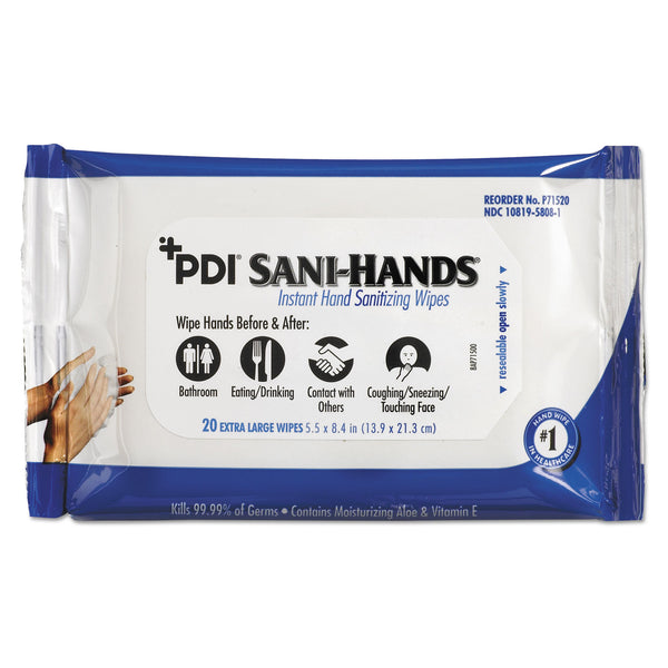 Sani Professional PDI Sani-Hands Instant Hand Sanitizing Wipes, 1-Ply, 5.5 x 8.4, White, 20/Pack, 48 Packs/Carton (NICP71520) Case of 48