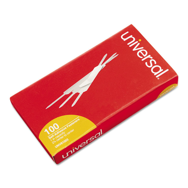 Universal® Self-Adhesive Two-Prong Paper Fastener Base and Compressor Sets, 1" Capacity, 2.75" Center to Center, Silver, 100/Box (UNV81003) Box of 100 Fasteners