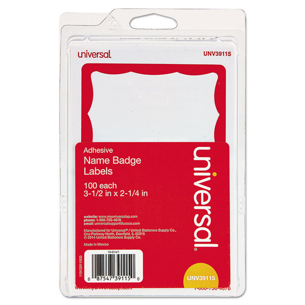 Universal® Border-Style Self-Adhesive Name Badges, 3 1/2 x 2 1/4, White/Red, 100/Pack (UNV39115)