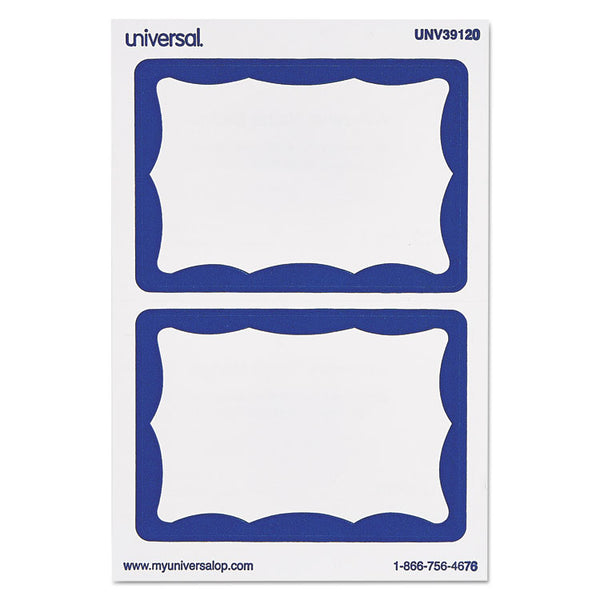 Universal® Border-Style Self-Adhesive Name Badges, 3 1/2 x 2 1/4, White/Blue, 100/Pack (UNV39120)