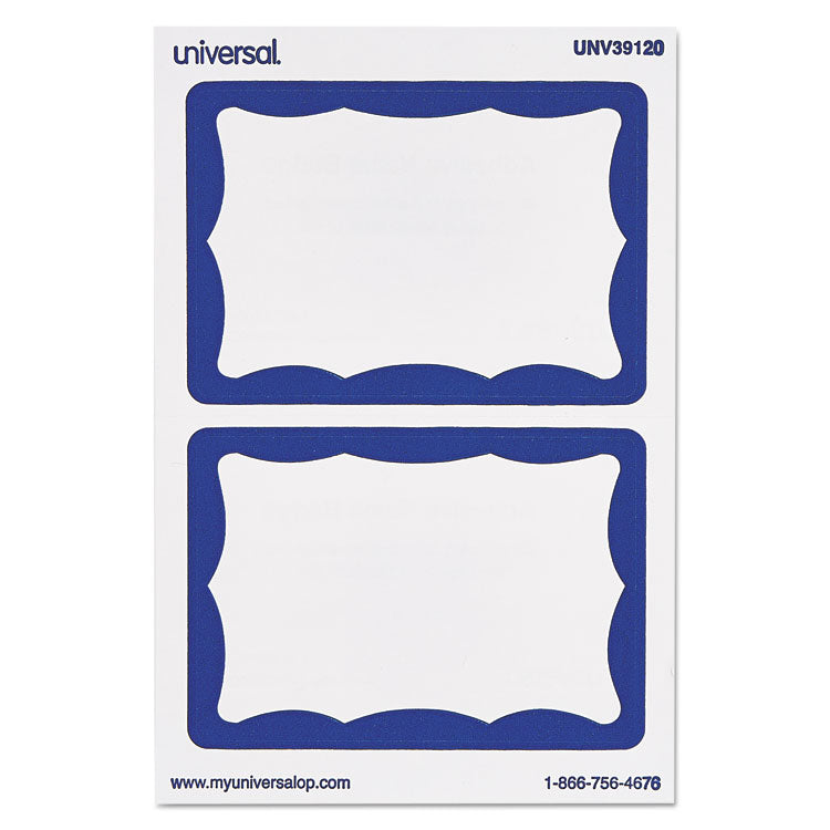 Universal® Border-Style Self-Adhesive Name Badges, 3 1/2 x 2 1/4, White/Blue, 100/Pack (UNV39120) Box of 100