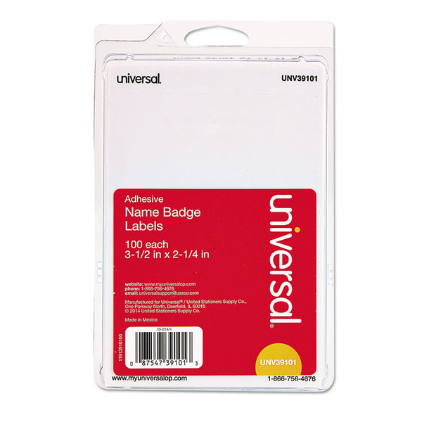 Universal® Plain Self-Adhesive Name Badges, 3 1/2 x 2 1/4, White, 100/Pack (UNV39101)