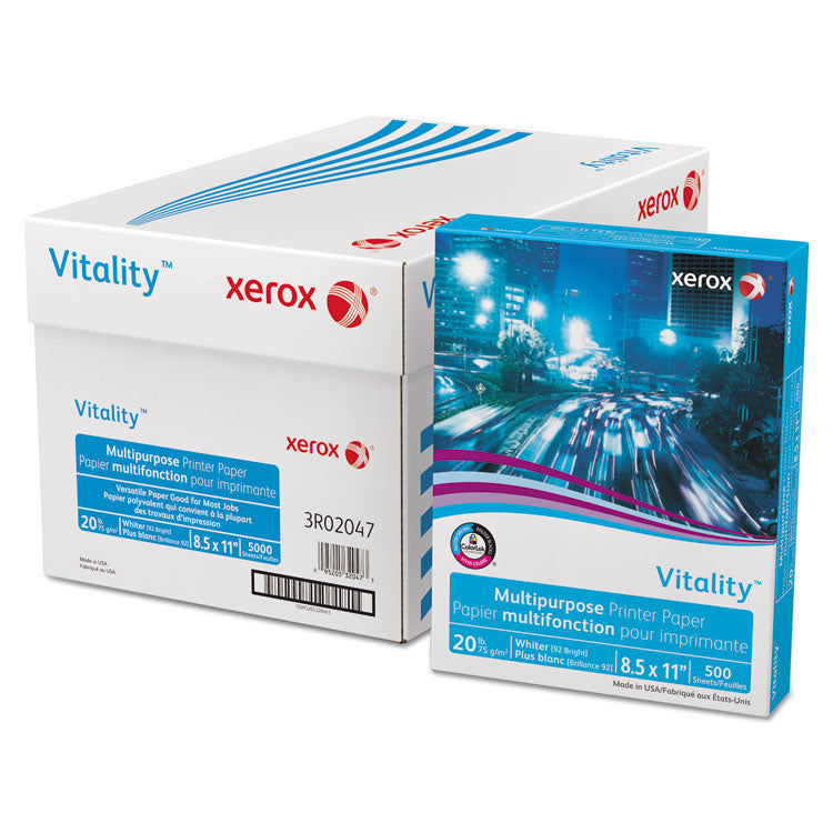 xerox™ Vitality Multipurpose Print Paper, 92 Bright, 20 lb Bond Weight, 8.5 x 11, White, 500/Ream, 10 Reams/Ct, 40 Cartons/Pallet (XER3R02047PLT)