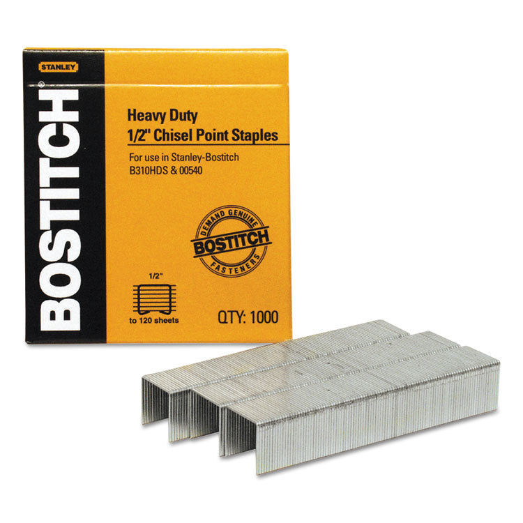 Bostitch® Heavy-Duty Premium Staples, 0.5" Leg, 0.5" Crown, Steel, 1,000/Box (BOSSB35121M)