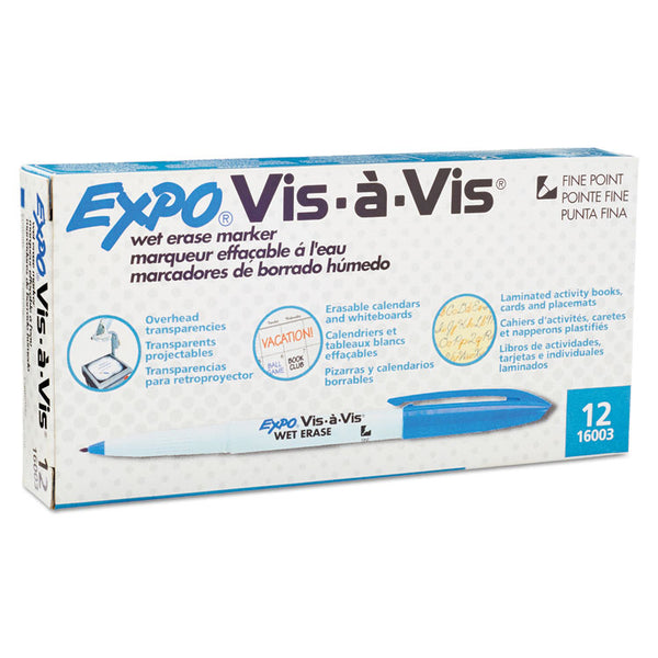 EXPO® Vis-a-Vis Wet Erase Marker, Fine Bullet Tip, Blue, Dozen (SAN16003) 1 Dozen