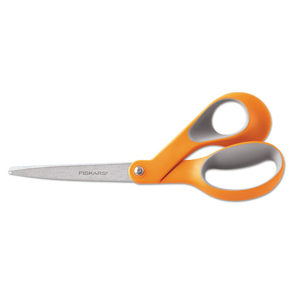 Fiskars® Home and Office Scissors, 8" Long, 3.5" Cut Length, Orange/Gray Offset Handle (FSK01009881)