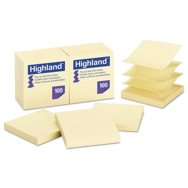 Highland™ Self-Stick Pop-up Notes, 3" x 3", Yellow, 100 Sheets/Pad, 12 Pads/Pack (MMM6549PUY)