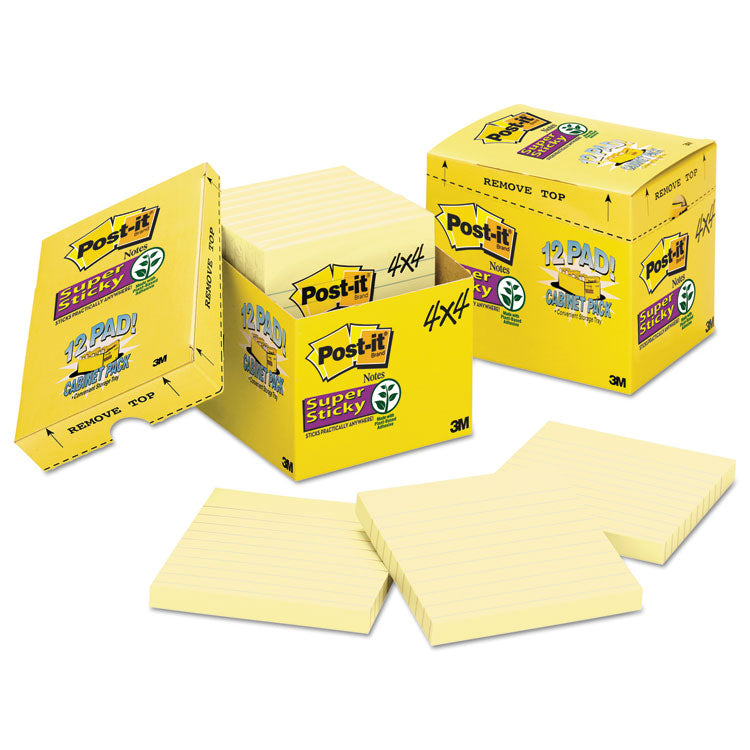 Post-it® Notes Super Sticky Pads in Canary Yellow, Cabinet Pack, Note Ruled, 4" x 4", 90 Sheets/Pad, 12 Pads/Pack (MMM67512SSCP) Pack of 12