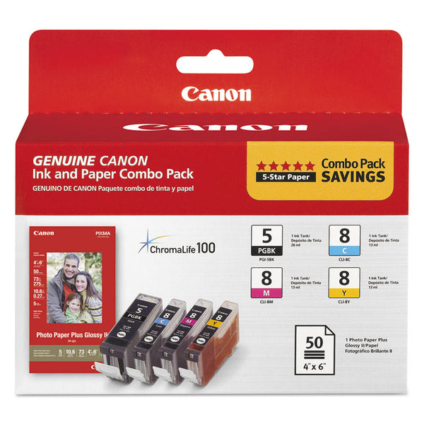 Canon® 0628B027 (PGI-5/CLI-8) ChromaLife100+ Ink/Paper Combo, Black/Cyan/Magenta/Yellow (CNM0628B027)