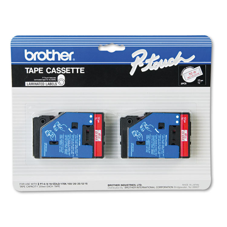 Brother P-Touch® TC Tape Cartridges for P-Touch Labelers, 0.47" x 25.2 ft, Red on Clear, 2/Pack (BRTTC11)