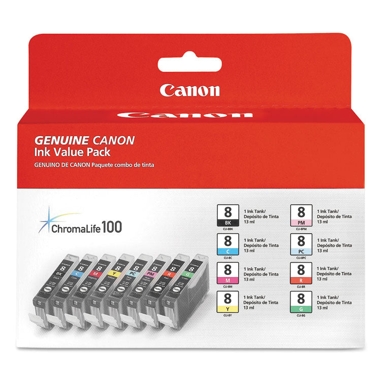 Canon® 0620B015 (CLI-8) ChromaLife100+ Ink, Black/Cyan/Green/Magenta/Photo Cyan/Photo Magenta/Red/Yellow, 8/Pack (CNM0620B015)