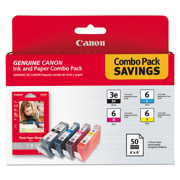 Canon® 4479A292 (BCI-3E/BCI-6) Ink/Paper Combo, 280 Page-Yield, Black/Cyan/Magenta/Yellow (CNM4479A292)