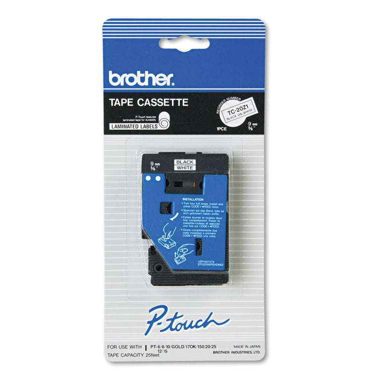 Brother P-Touch® TC Tape Cartridge for P-Touch Labelers, 0.37" x 25.2 ft, Black on White (BRTTC20Z1) Each