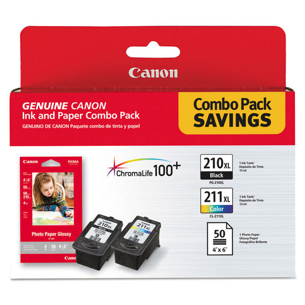 Canon® 2973B004 (PGI-210XL/CL-211XL) ChromaLife100+ High-Yield Ink/Paper Combo, Black/Tri-Color (CNM2973B004)
