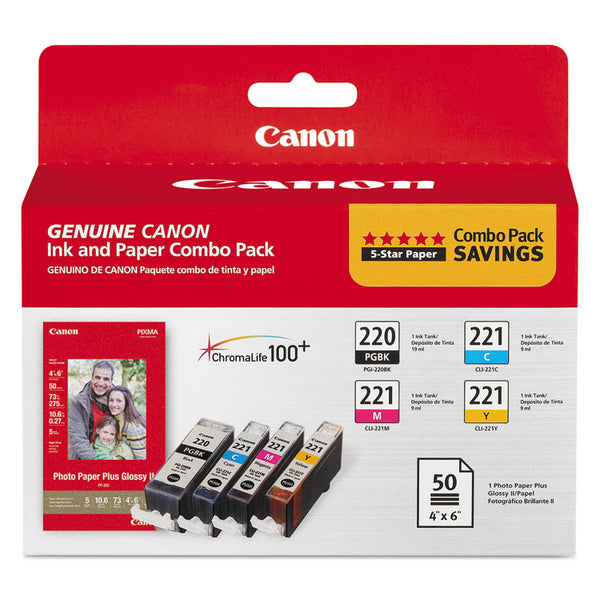 Canon® 2945B011 (PGI-220/CLI-221) ChromaLife100+ Ink/Paper Combo, Black/Cyan/Magenta/Yellow (CNM2945B011)