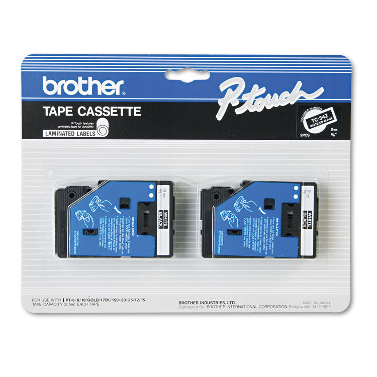 Brother P-Touch® TC Tape Cartridges for P-Touch Labelers, 0.35" x 25.2 ft, White on Black, 2/Pack (BRTTC34Z) Pack of 2