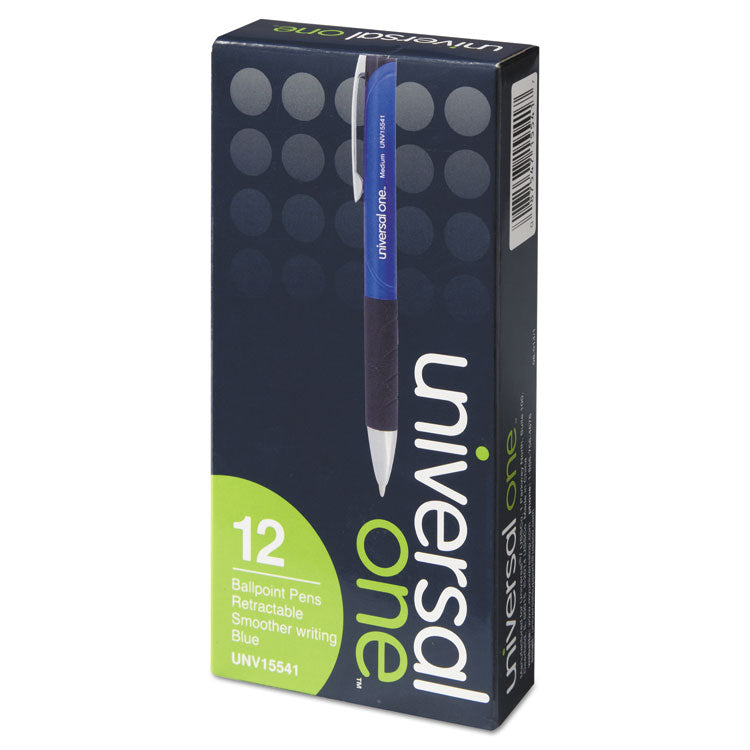 Universal™ Comfort Grip Ballpoint Pen, Retractable, Medium 1 mm, Blue Ink, Blue/Black Barrel, Dozen (UNV15541)