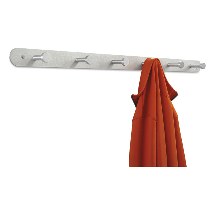 Safco® Nail Head Wall Coat Rack, Six Hooks, Metal, 36w x 2.75d x 2h, Satin (SAF4202) Each