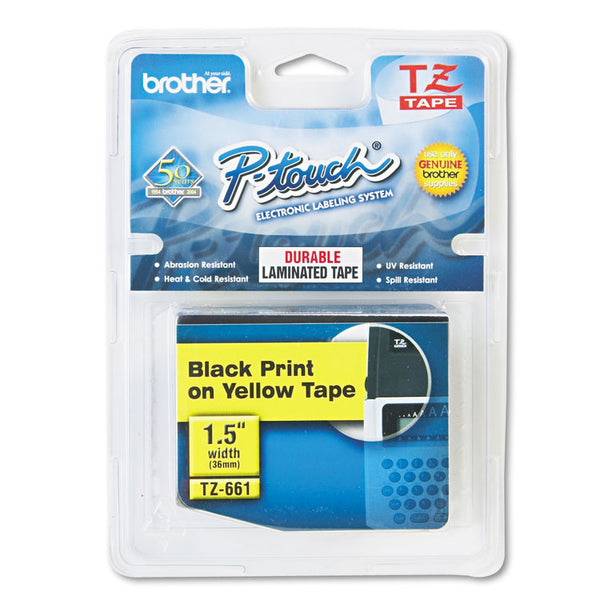 Brother P-Touch® TZe Standard Adhesive Laminated Labeling Tape, 1.4" x 26.2 ft, Black on Yellow (BRTTZE661)