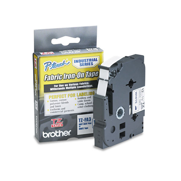 Brother P-Touch® TZ Industrial Series Fabric Iron-On Tape, 0.47" x 9.8 ft, Navy on White (BRTTZEFA3)