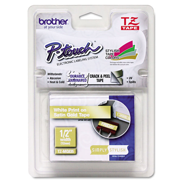 Brother P-Touch® TZ Standard Adhesive Laminated Labeling Tape, 0.47" x 16.4 ft, White/Satin Gold (BRTTZEMQ835)