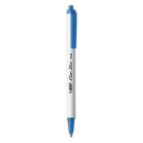 BIC® Clic Stic Ballpoint Pen, Retractable, Medium 1 mm, Blue Ink, White Barrel, Dozen (BICCSM11BE)