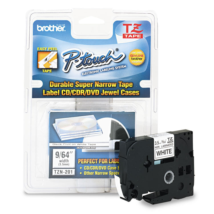 Brother P-Touch® TZ Super-Narrow Non-Laminated Tape for P-Touch Labeler, 0.13" x 26.2 ft, Black on White (BRTTZEN201)