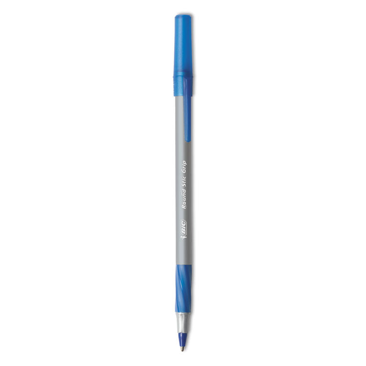 BIC® Round Stic Grip Xtra Comfort Ballpoint Pen, Easy-Glide, Stick, Medium 1.2 mm, Blue Ink, Gray/Blue Barrel, Dozen (BICGSMG11BE)