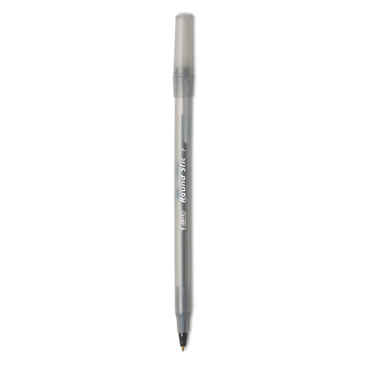 BIC® Round Stic Xtra Precision Ballpoint Pen, Stick, Fine 0.8 mm, Black Ink, Smoke Barrel, Dozen (BICGSF11BK)