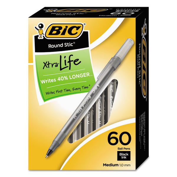 BIC® Round Stic Xtra Life Ballpoint Pen Value Pack, Stick, Medium 1 mm, Black Ink, Translucent Frost Barrel, 60/Box (BICGSM609BK)