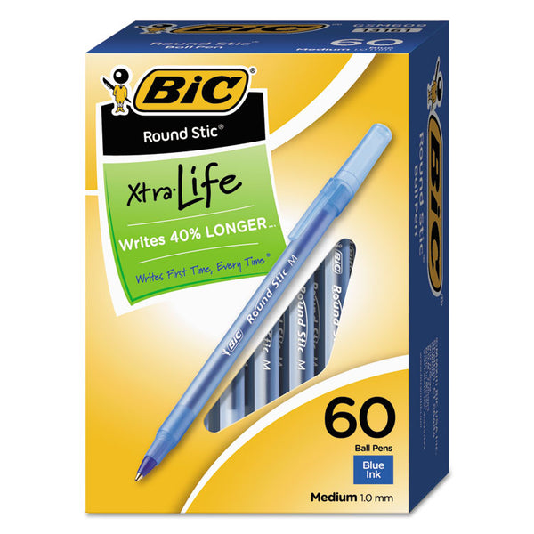 BIC® Round Stic Xtra Life Ballpoint Pen Value Pack, Stick, Medium 1 mm, Blue Ink, Translucent Blue Barrel, 60/Box (BICGSM609BE)