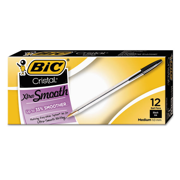 BIC® Cristal Xtra Smooth Ballpoint Pen, Stick, Medium 1 mm, Black Ink, Clear Barrel, Dozen (BICMS11BK)