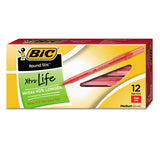 BIC® Round Stic Xtra Life Ballpoint Pen, Stick, Medium 1 mm, Red Ink, Translucent Red Barrel, Dozen (BICGSM11RD)