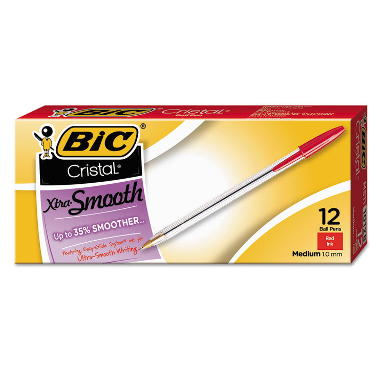 BIC® Cristal Xtra Smooth Ballpoint Pen, Stick, Medium 1 mm, Red Ink, Clear Barrel, Dozen (BICMS11RD)