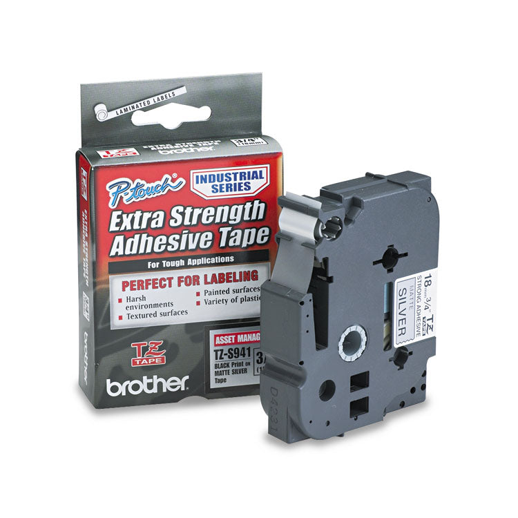 Brother P-Touch® TZ Extra-Strength Adhesive Laminated Labeling Tape, 0.7" x 26.2 ft, Black on Matte Silver (BRTTZES941)