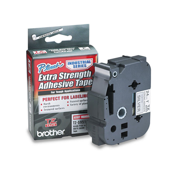Brother P-Touch® TZ Extra-Strength Adhesive Laminated Labeling Tape, 0.94" x 26.2 ft, Black on Matte Silver (BRTTZES951)